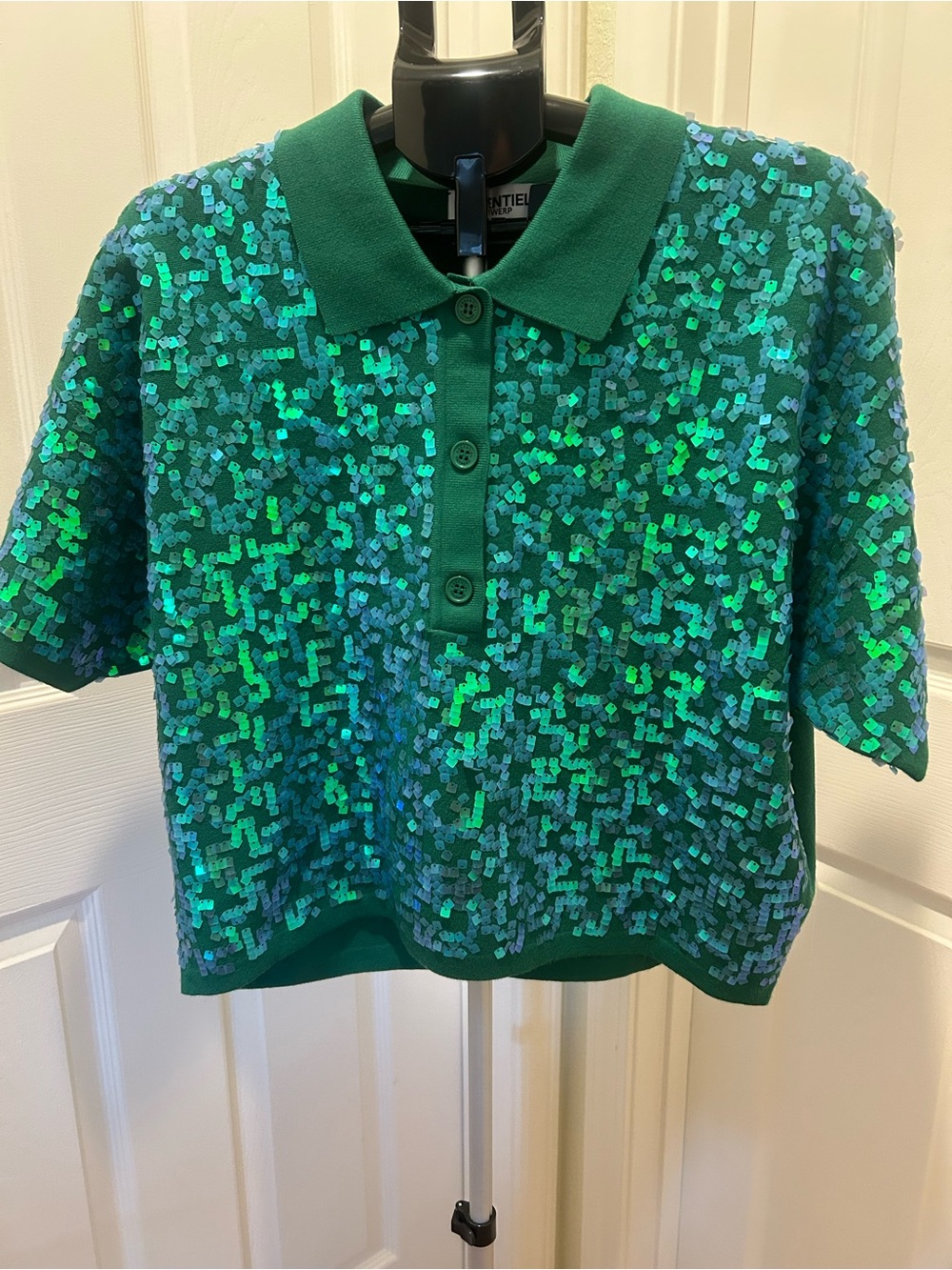 Sequined Green Polo Button-Down Top